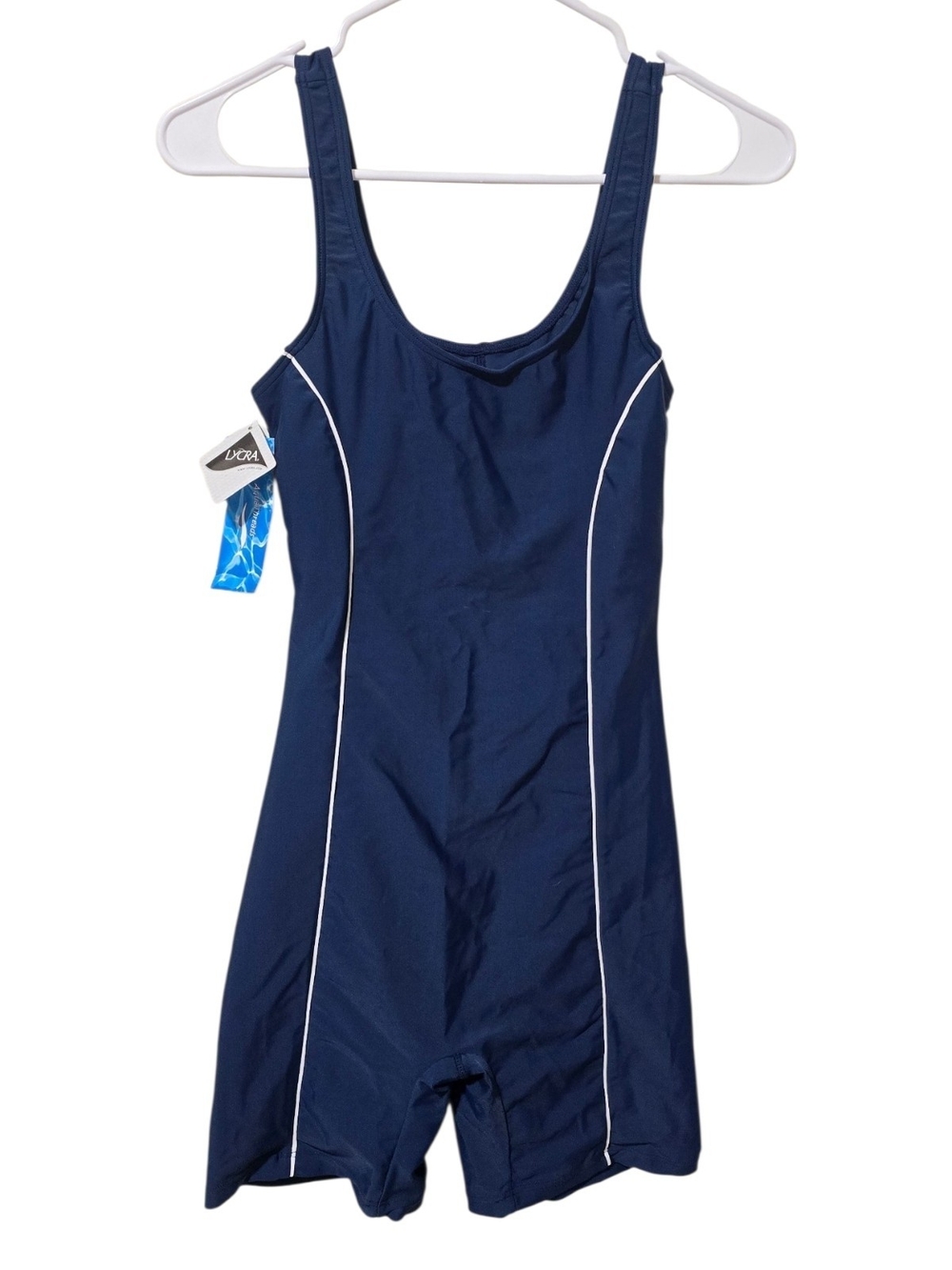 Navy One-Piece Swim Suit with White Piping - Classic Coverage